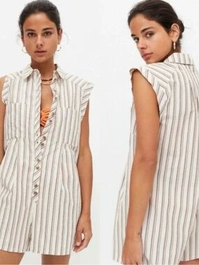 Urban Outfitters Cream and Brown Striped Button-up Romper-L